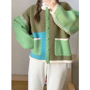 Hàng Sẵn_ Áo khoác len dệt kim  thiết kế khâu đắp màu retro Hadu shop