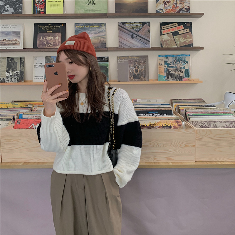 Áo Sweater Dệt Kim Tay Dài Dáng Rộng Kẻ Sọc Kiểu Retro Thời Trang Thu Đông Cho Nữ