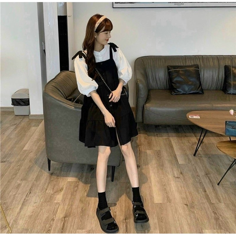 Set áo sơ mi và yếm 2 dây đen