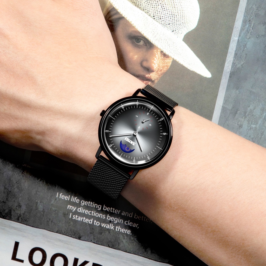 Đồng Hồ Đeo Tay SKMEI 9245 Thiết Kế Mặt Trăng Pha Lê Dây Lưới Thép Không Gỉ Chống Thấm Nước Cho Nam