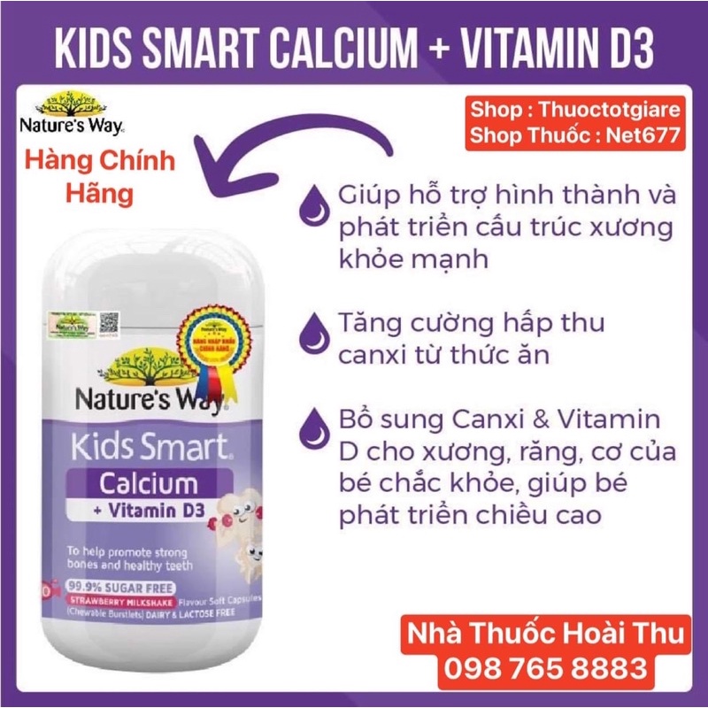 [Chính Hãng ] lViên nhai Nature's Way Kids Smart Calcium + Vitamin D3 - Giúp bé phát triển chiều cao