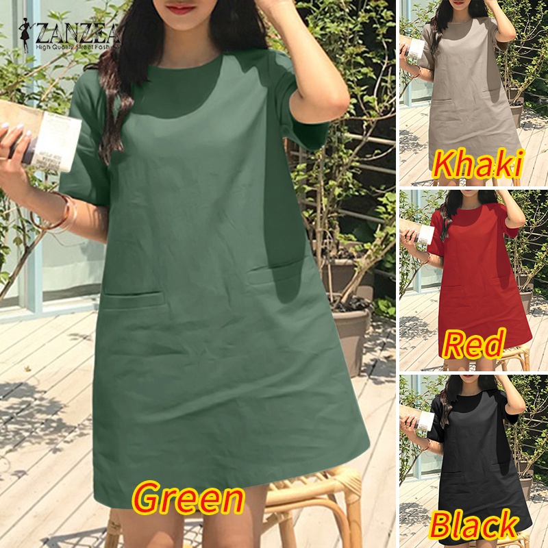 Đầm mini ZANZEA bằng cotton ngắn tay màu trơn có túi phong cách Hàn Quốc thời trang cho nữ