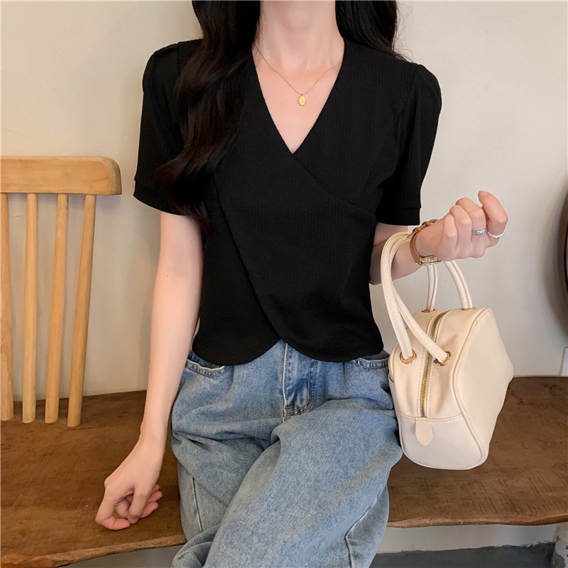 SUXI Áo Tay Ngắn Cổ Chữ V Màu Sắc Đơn Giản Thời Trang Mùa Hè Dành Cho Nữ