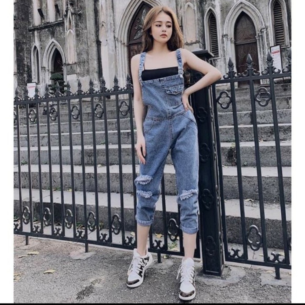 Quần yếm jeans dài SAIGONJEAN rách,túi đồng hồ có nắp YJ005