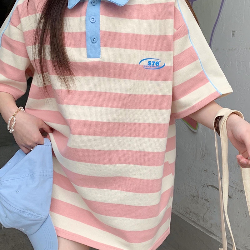 Áo polo IELGY tay ngắn dáng rộng họa tiết sọc màu sắc tương phản thời trang dành cho nữ
