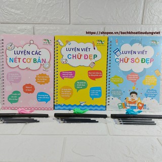 Combo 3 quyển luyện viết chữ, viết số, luyện nét cơ bản kèm bút mực thần kỳ