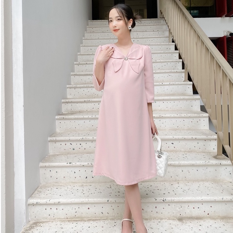 MEDYLA - Đầm bầu dự tiệc thu đông thiết kế 2 lớp chéo hồng lót lụa cho bầu đi chơi đi tiệc - VS1129