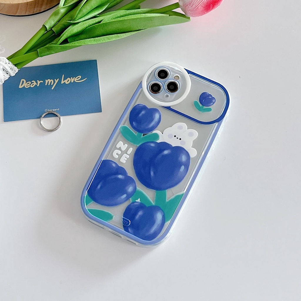 Ốp Điện Thoại Tpu Dẻo Trong Suốt Họa Tiết Hoa Tulip Xanh Dương Kèm Vòng Đeo Tay Cho iPhone 11 12 13Pro Max XS Max X XR 7 8 Plus