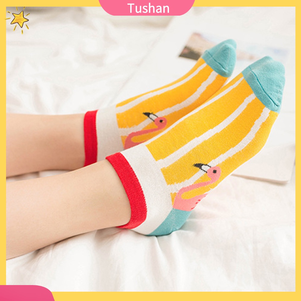 TUSH Fashion Women Flamingo Print Low Cut Breathable Cotton Short Ankle Boat Socks