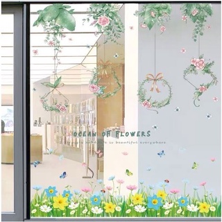 Decal dán tường lá giỏ treo hoa và chân tường hoa bướm