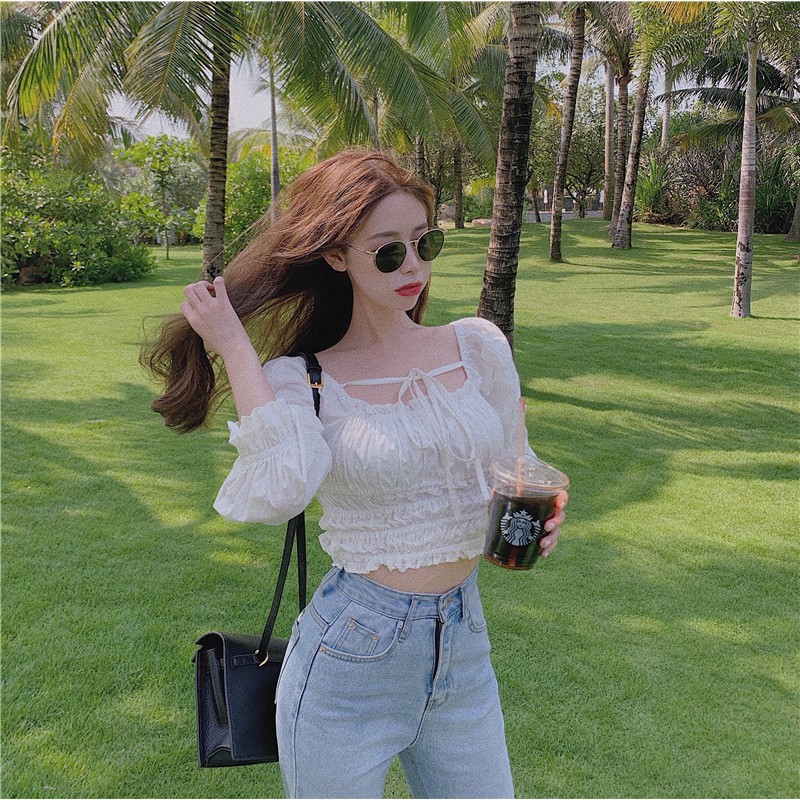 Áo croptop trắng trễ vai buộc dây cổ, Áo croptop trắng trễ vai bèo sang chảnh nàng thơ phong cách Hàn Quốc [AMANDA] | BigBuy360 - bigbuy360.vn