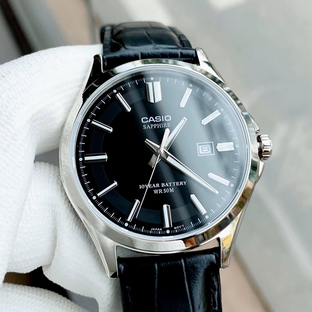 Đồng hồ nam dây da mặt đen Casio MTS 100L-1AV kính Sapphire - Pin 10 năm Bảo hành 1 năm Hyma watch