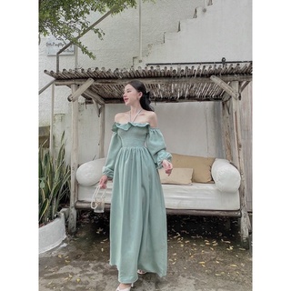 Đầm maxi lụa xanh xoè nhún ngực rớt vai bèo tay dài