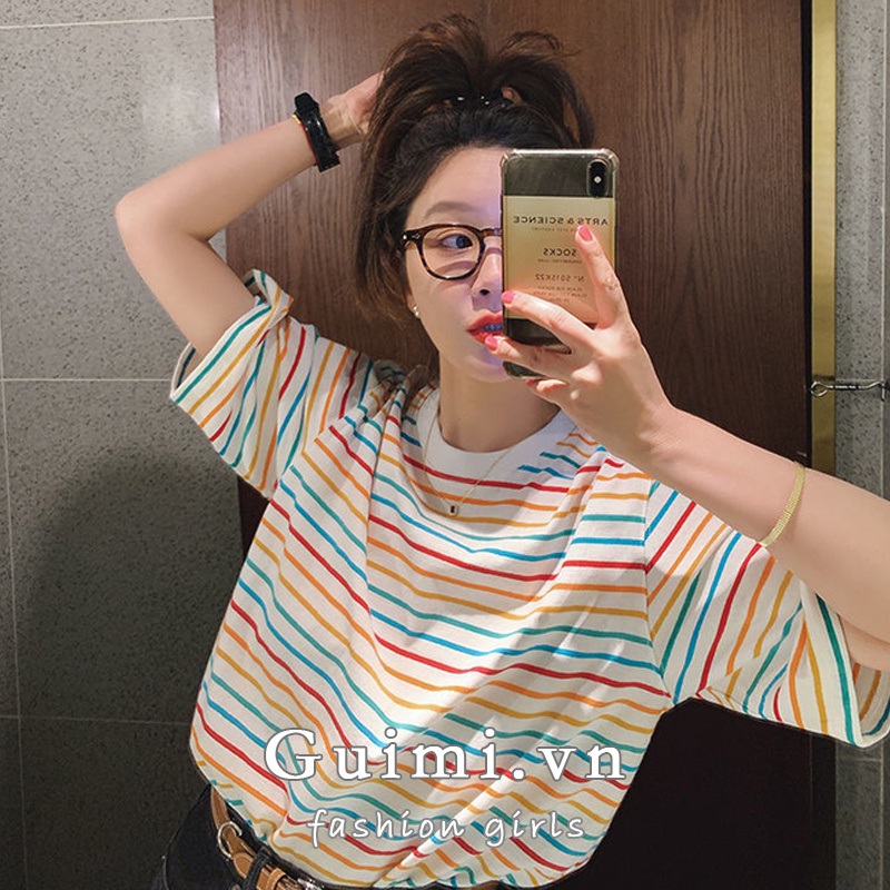 Áo Thun Tay Ngắn Cổ Tròn Dáng Rộng Họa Tiết Kẻ Sọc Nhiều Màu Sắc Phong Cách Hàn Quốc Thời Trang Mùa Hè Cho Nữ