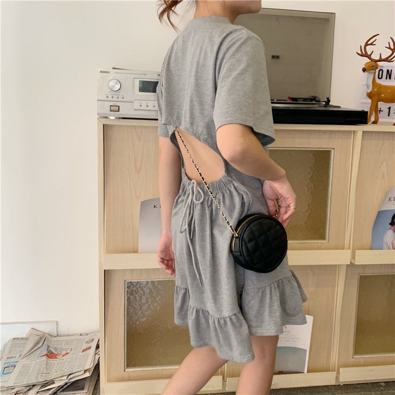 Đầm Đuôi Cá Ngắn Tay Phối Dây Rút Phong Cách Hàn Quốc Dành Cho Nữ