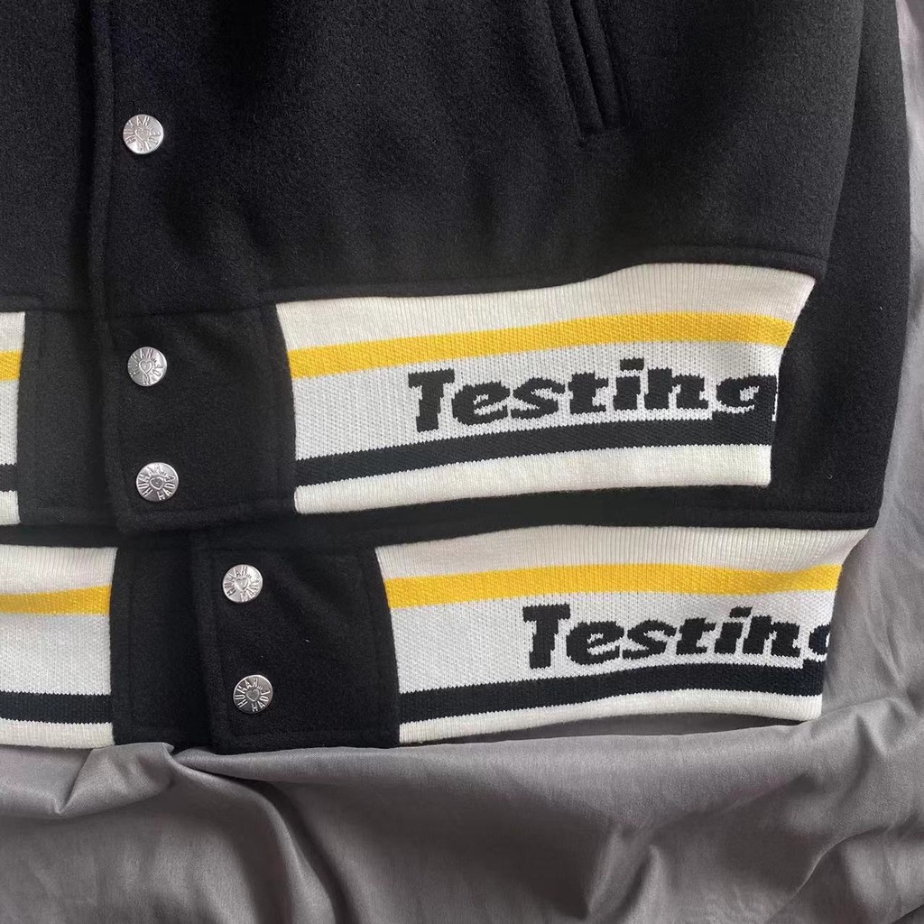 Human MADEx AWGE A $Ap Rocky Human Testing Áo Khoác Bóng Chày Đồng Phục Áo Khoác Bóng Chày Bằng Da Cotton Màu Đen Trắng Ghép Vải