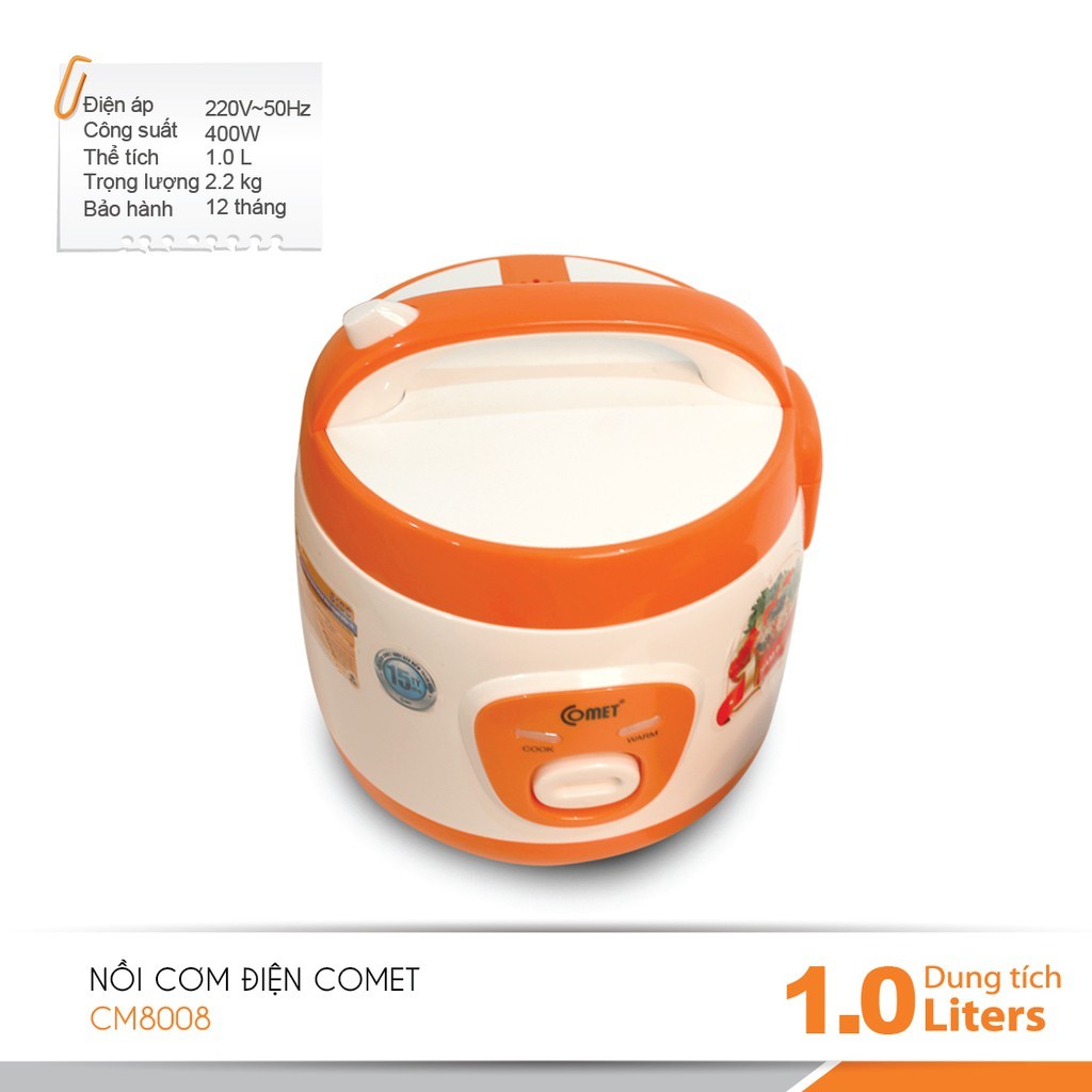 Nồi cơm điện 1 Lít COMET CM8008 - Thân nhựa 3D
