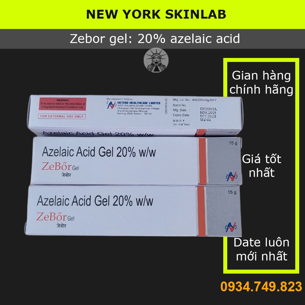 Zebor gel (15g) - 20% azelaic acid, kem chấm mụn hãng Hetero, mờ hết thâm mụn (ezanic, skinoren, azclear)