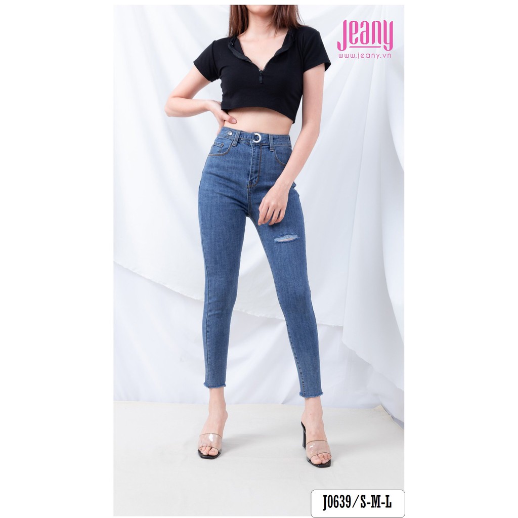 Quần Jean Nữ Màu Nhạt Lưng Siêu Cao Rách Đùi Nút Gài Có Móc Khóa J0639 - Jeany
