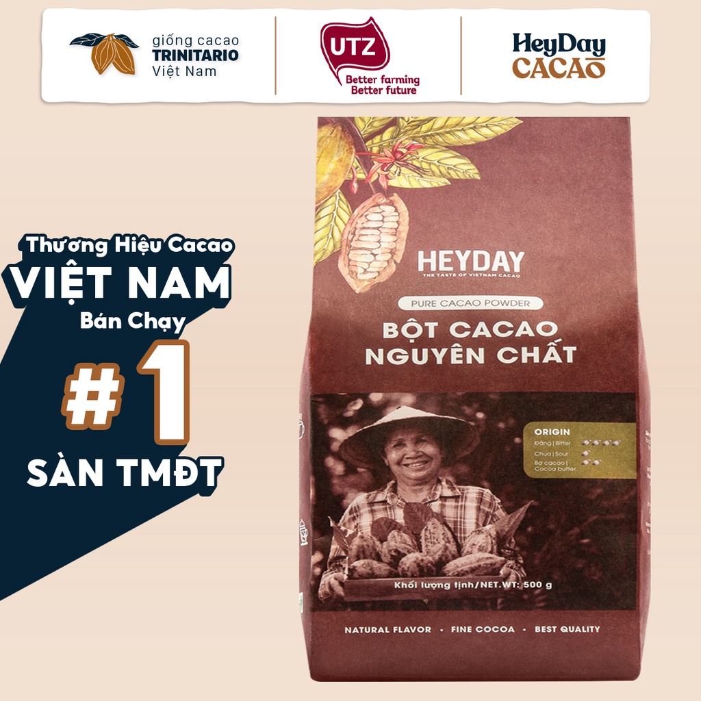 Bột cacao nguyên chất 100% không đường Heyday - Dòng Origin thượng hạng - Túi giấy 250g