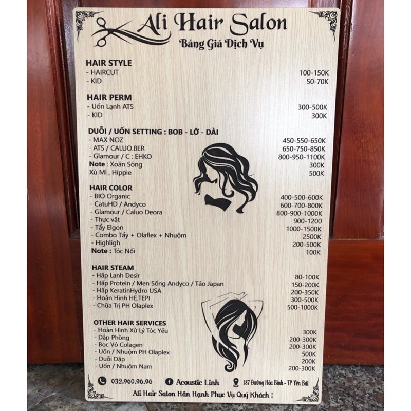 Menu dịch vụ spa, nail khắc gỗ nội dung theo yêu cầu, nhiều kích thước  vân gỗ sáng sang trọng cứng cáp