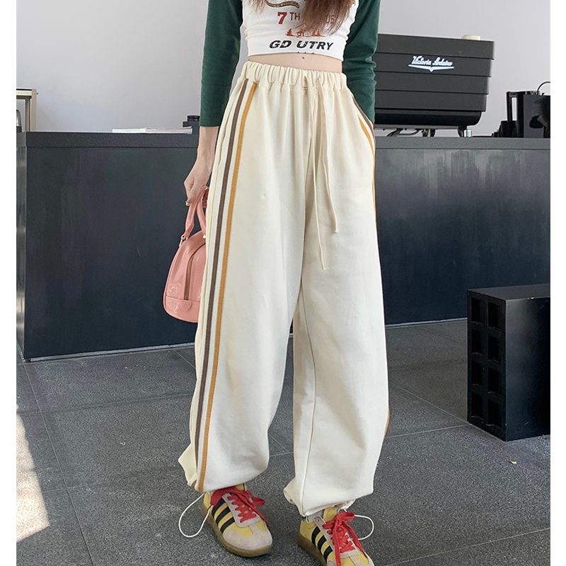 Quần Thể Thao Lưng Cao Ống Rộng Họa Tiết Kẻ Sọc Hợp Thời Trang