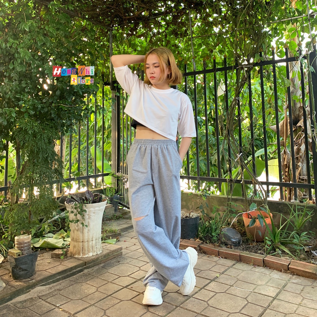 Quần Ống Rộng Rách Gối Màu Xám Lưng Thun Culottes Ulzzang Unisex - MM