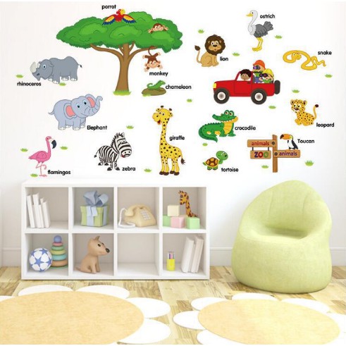 Giấy Dán Tường Decal Bé Học Tiếng Anh Thế Giới Động Vật Decor Phòng