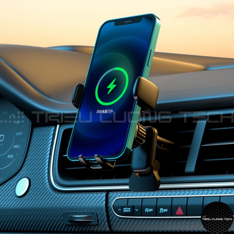 Giá Đỡ Điện Thoại Ô Tô Cảm Ứng Cao Cấp Hỗ Trợ Sạc Qi Triều Cường Tech-  Màu Đen- Sử Dụng Ngang Dọc - Tặng Kèm Đế Hít
