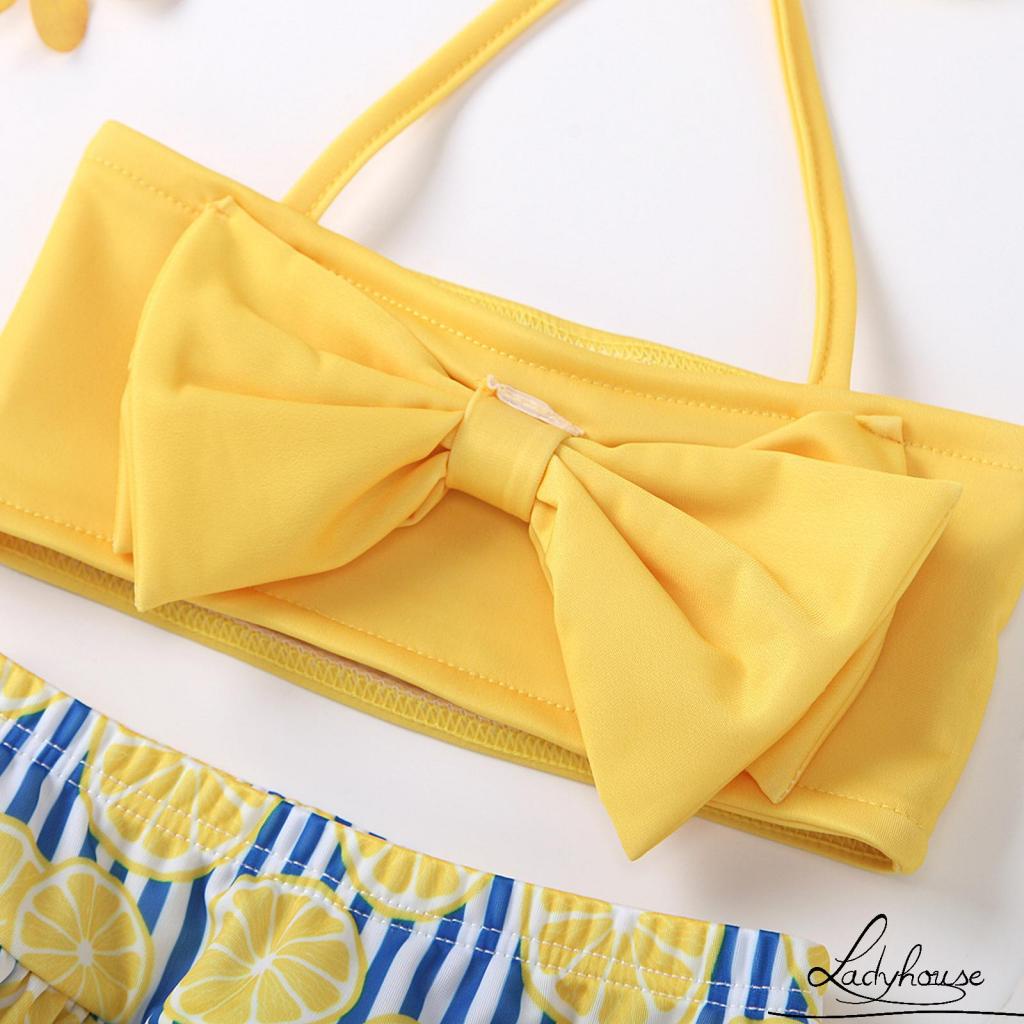 Ld-bộ Đồ Bơi Hai Mảnh Áo Cổ Yếm Và Quần Ngắn In Họa Tiết Màu Hồng/Đỏ/Cam Cho Bé Gái