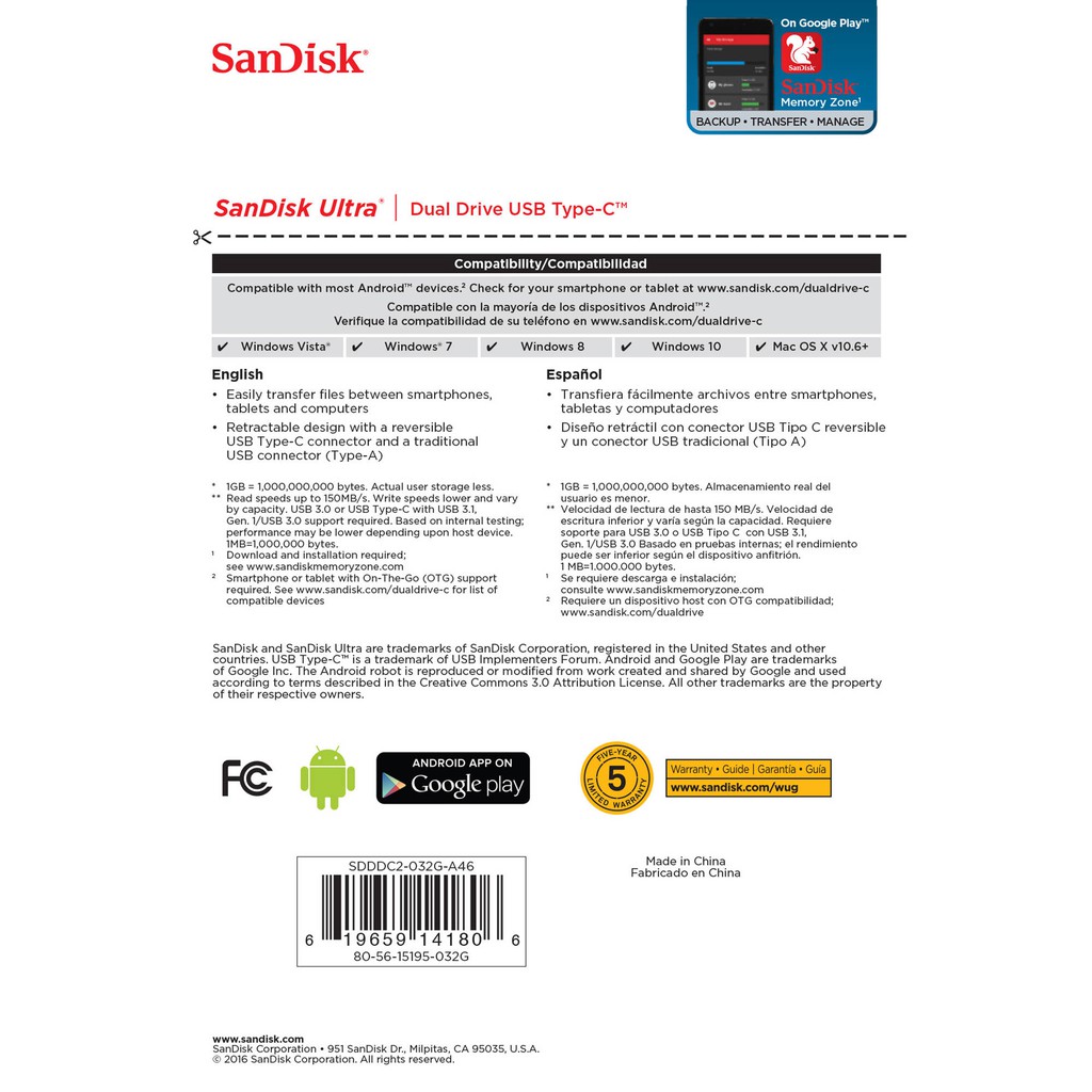  USB OTG SanDisk Ultra Dual Type-C 3.1 64GB 150MB/s (SDDDC2-064G-A46) | BigBuy360 - bigbuy360.vn