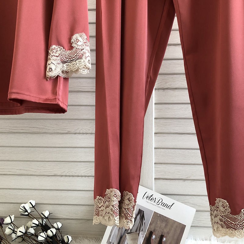 Bộ Đồ Ngủ Pijama Dài Tay Cổ Chữ V Phối Ren Cho Nữ