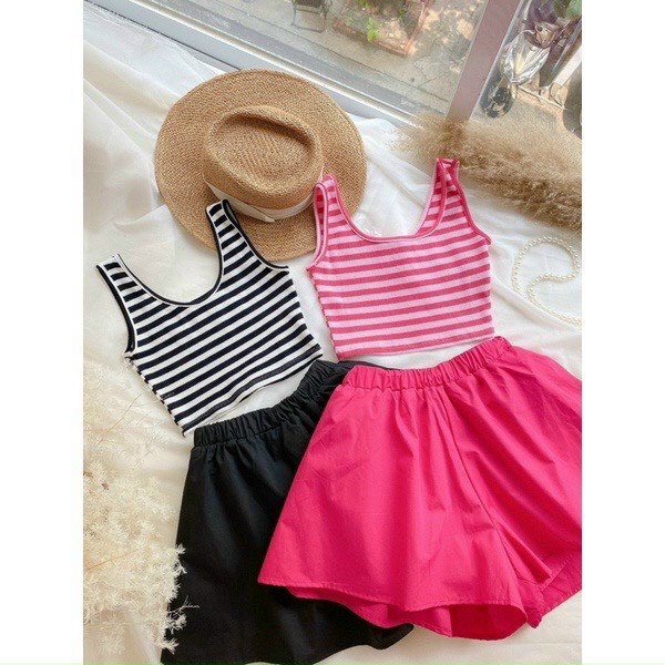 Sét bộ áo 3 lỗ sọc croptop phối quần đùi xòe cực hot , chất thun gân dày dặn