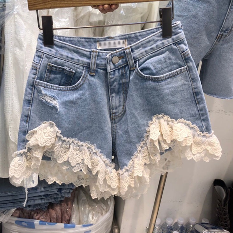 Bán Chạy!F &amp; X Quần Short Denim Viền Ren Cá Tính Thời Trang Mùa Hè Hàn Quốc 2022 Có Túi Phối Ren Phong Cách Hàn Quốc Cho Nữ