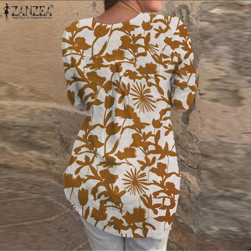 Zanzea Áo Sơ Mi Tay 3 / 4 Bằng Cotton In Họa Tiết Phong Cách Châu Âu Dành Cho Nữ
