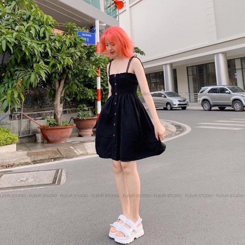 Đầm fleur nhún thắt nơ vai