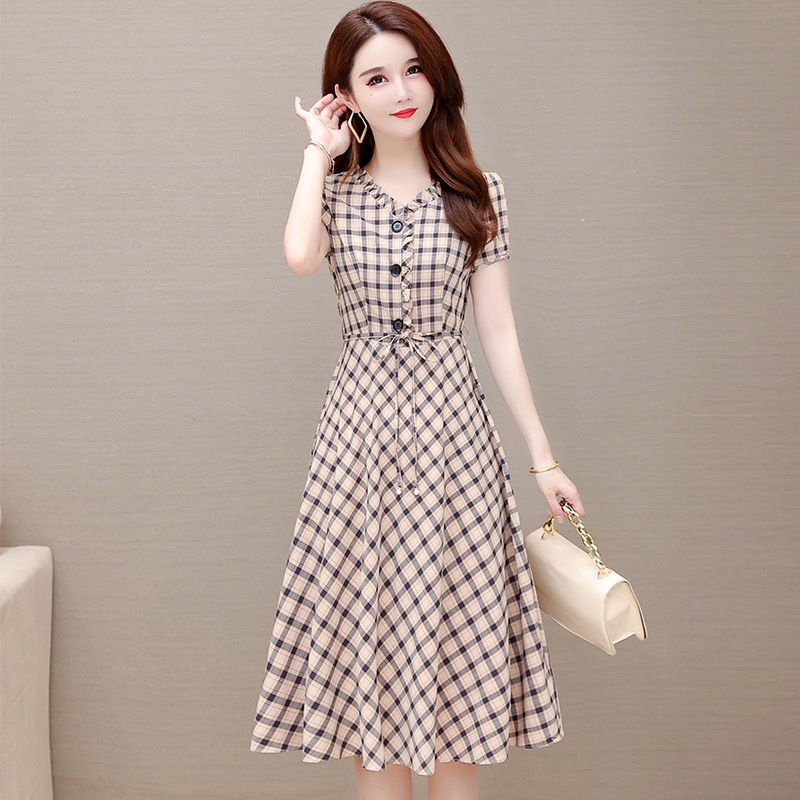 Đầm Ngắn Tay Ôm Eo Họa Tiết Sọc Caro Phong Cách Hàn Quốc Thời Trang Cho Nữ