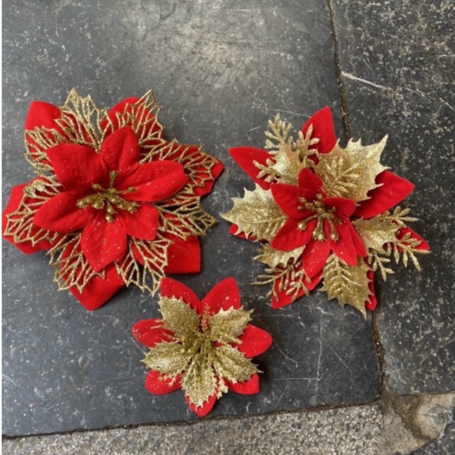 Hoa vải trạng nguyên to 16cm phủ nhũ, kim tuyến trang trí oản tài lộc, giáng sinh noel, vòng nguyệt quế