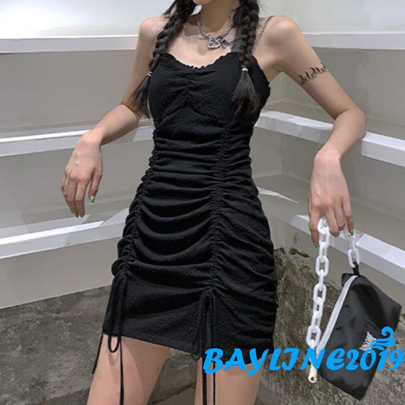 BAY-Women´s Slim Dress Metal Sling Design Sleeveless V Neck Drawstring Pleated Elegant Mini Dress