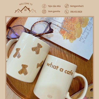 Cốc đôi, cốc sứ cực xinh vàng kem pastel hoạ tiết gấu và chữ cái phong cách Vintage Hàn Quốc