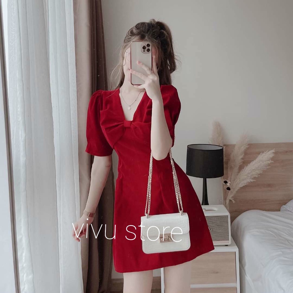 Váy nhung đỏ, đầm tiểu thư cổ v phối nơ ngực cực xinh chất nhung cao cấp mềm mại
