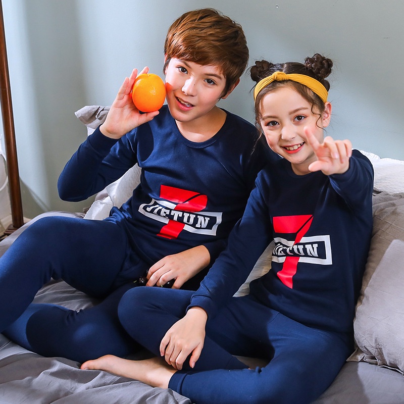 Bộ Đồ Ngủ Pijama Dài Tay Cổ Tròn Thời Trang Thu Đông Cho Bé Trai + Gái