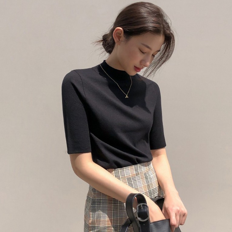 Áo thun nữ đơn giản thanh lịch tay lở phom ôm cổ cao màu trơn / BS22