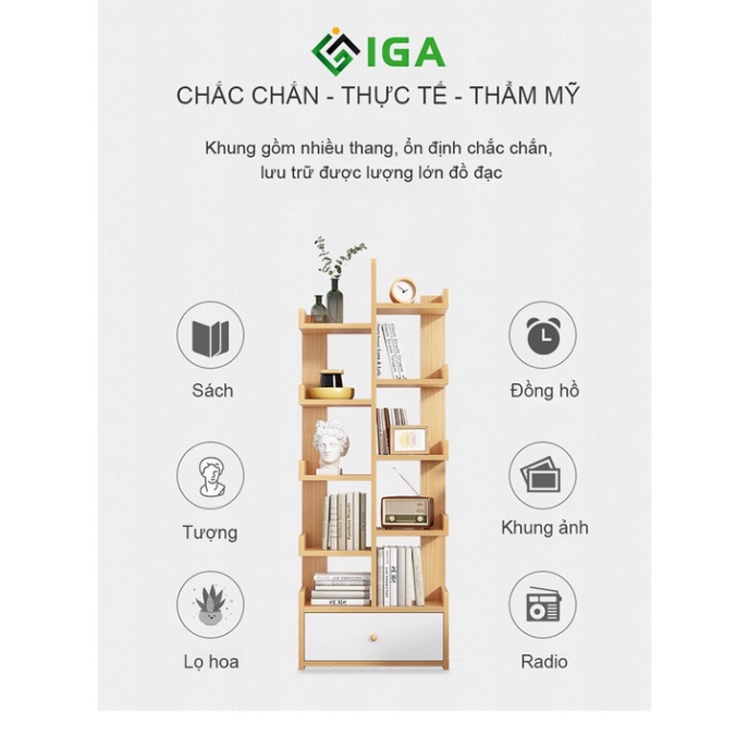Giá sách hình cây có hộc đừng đồ, kệ sách gỗ phong cách Nordic - GL171