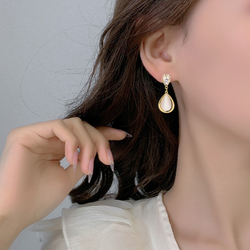 Khuyên tai kim xỏ bằng bạc đính đá opal hình giọt nước thời trang Hàn Quốc