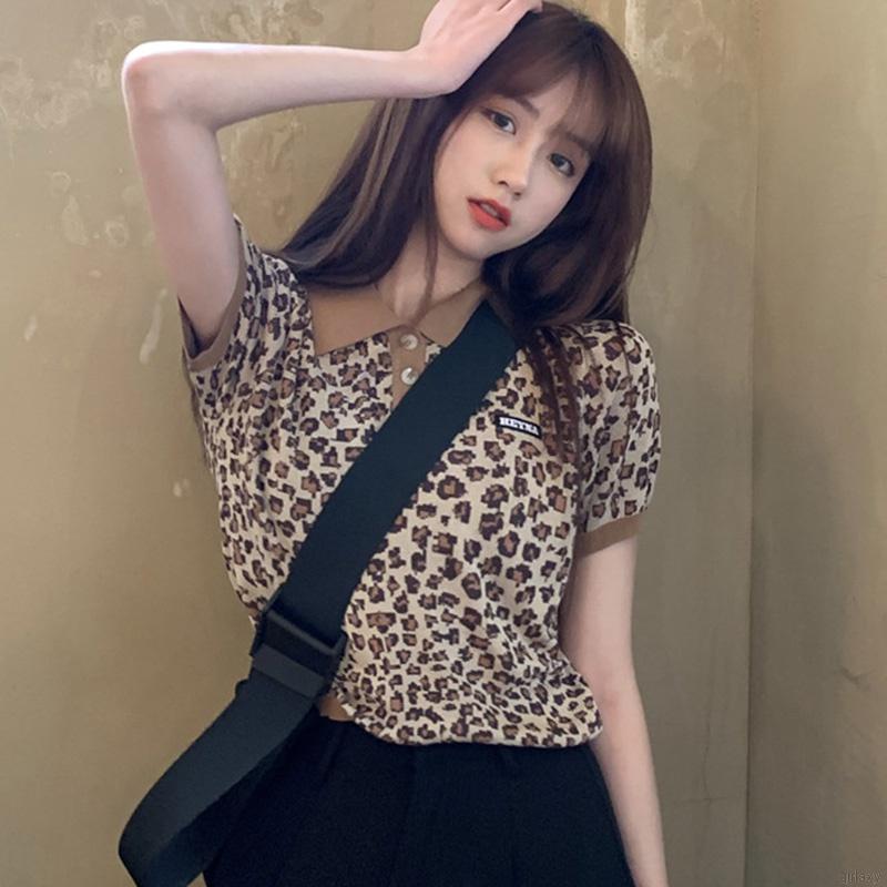 Korean Retro Hit Color Lapel Small Flower Print Knit Bottoming Shirt Women Crop Top