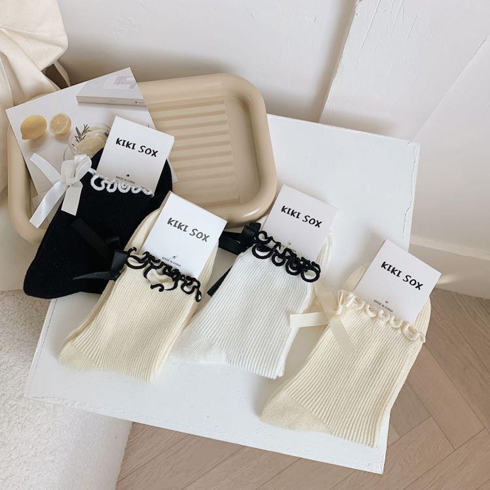 Vớ Cotton Màu Trơn Đính Nơ Phong Cách Harajuku Nhật Bản Cho Nữ