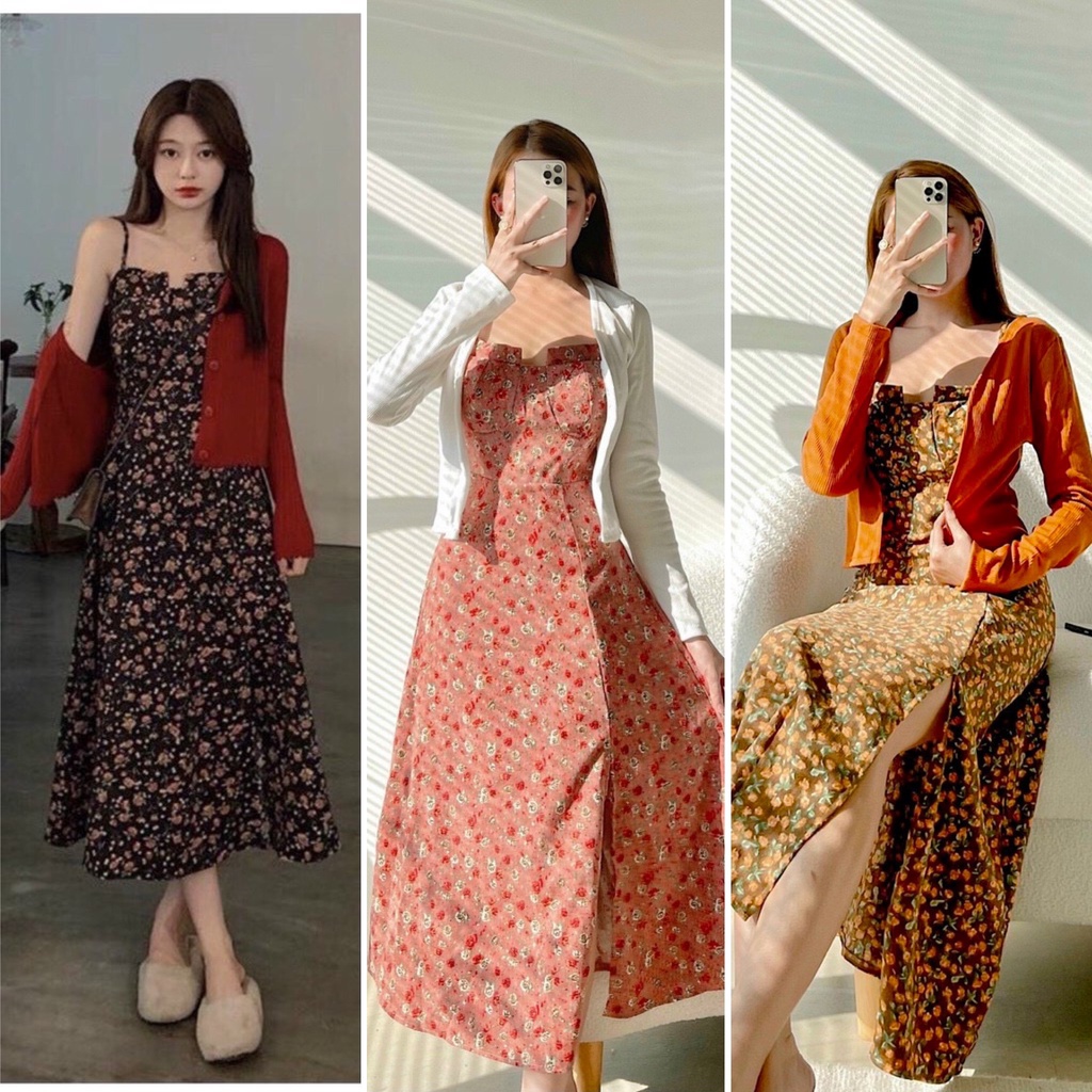 Set đầm váy 2s hoa + áo khoác croptop đỏ 💖 KÈM ẢNH THẬT 💖 BAO KIỂM ❌