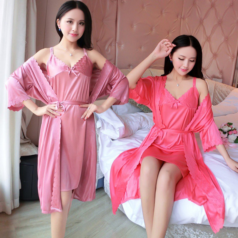Đồ ngủ sexy ❣️[VÁY + ÁO CHOÀNG 2 IN1]❣️FREE SHIP TỪ 50K- áo choàng và váy hai dây xinh xắn (CHOÀNG PHI LỤA)  mềm mát mịn | BigBuy360 - bigbuy360.vn