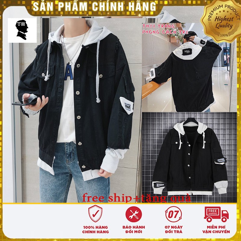 Áo khoác nam, Áo khoác jean nam liền mũ from rộng vải nỉ_màu đen [FREE SHIP CHO ĐƠN HÀNG 150K]